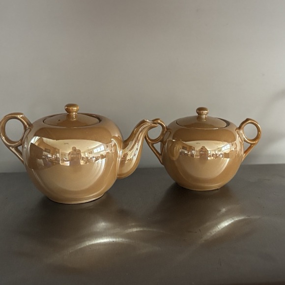 Other - Vintage Orange Yellow Gold Luster ware Iridescent Teapot And Sugar Made In Japan
